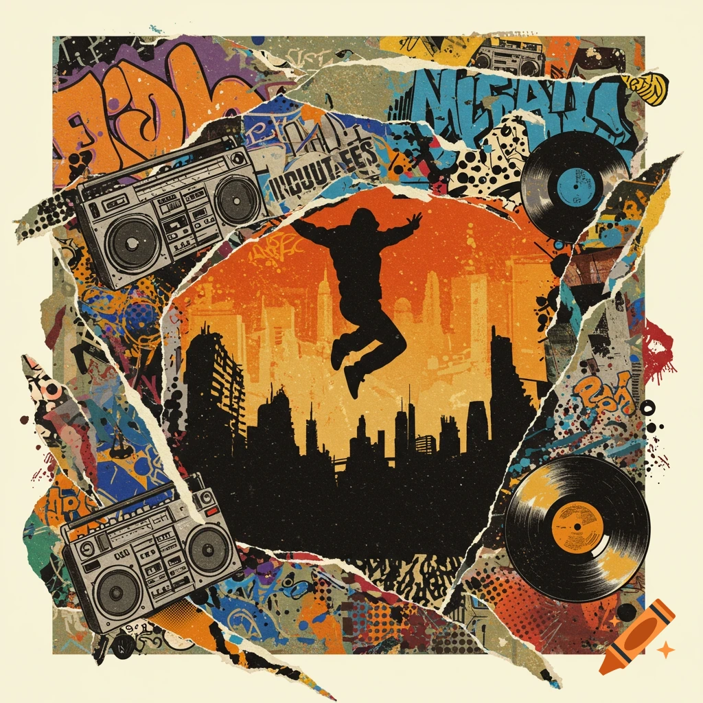 Collage-style album art featuring a person jumping over a city skyline, surrounded by boomboxes, vinyl records, and vibrant graffiti.