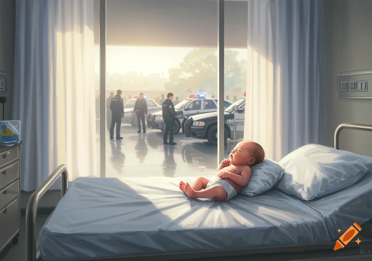 A newborn baby in a hospital bed looks out a window at police officers and patrol cars in a dramatic, painterly style.