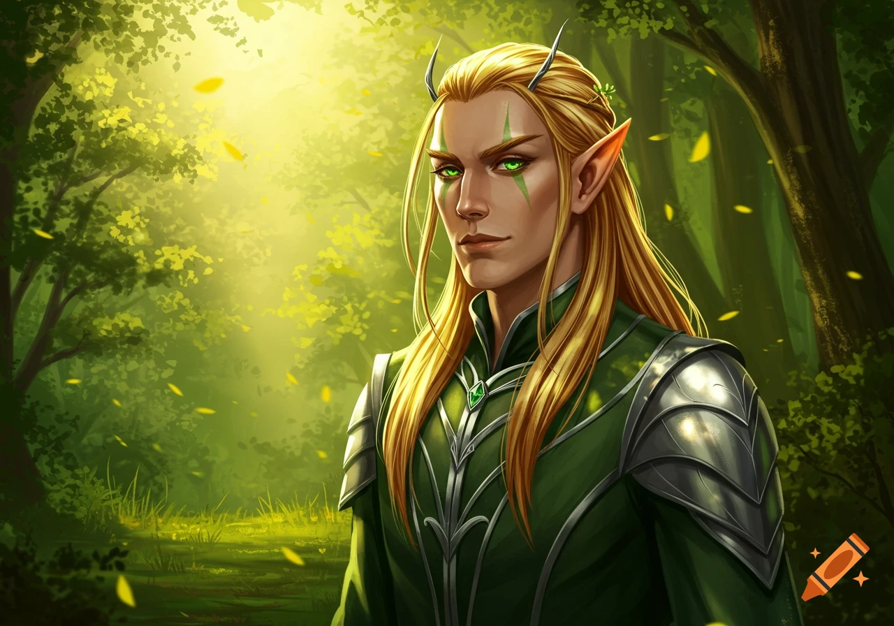 A male high elf with green eyes, long golden hair, and small horns, dressed in green and silver armor, stands in a sun-dappled forest.
