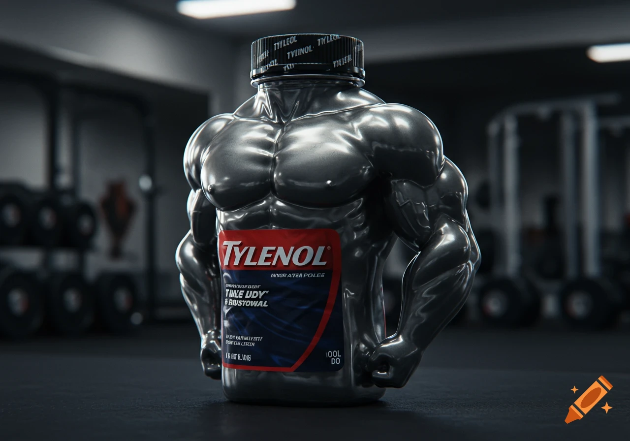 A shiny, muscular Tylenol bottle with a red and blue label stands on a dark floor in a gym, with blurred weightlifting equipment in the background.