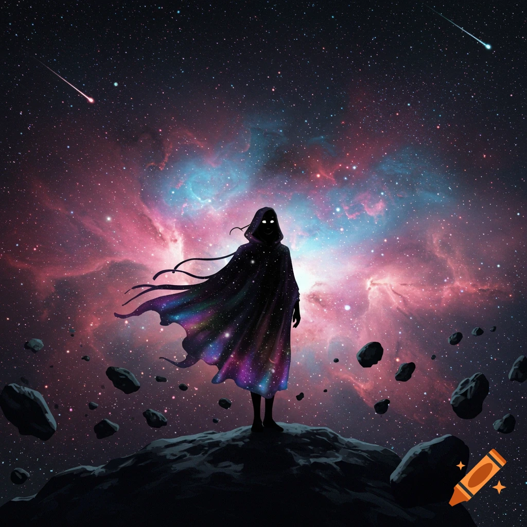 A mysterious cloaked figure with glowing eyes stands on a dark, rocky asteroid, looking out at a vibrant pink and blue nebula and a starry cosmic sky, with shooting stars.
