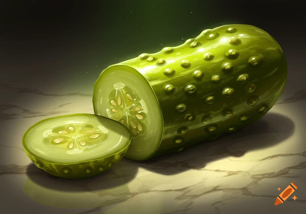A vibrant green, bumpy pickle sliced in half, glowing on a dark, reflective surface with a soft light.