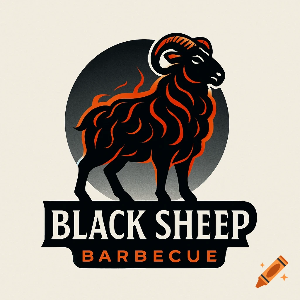 A stylized black ram logo with orange flame-like fur and horns, standing against a dark circle. Below it, 'BLACK SHEEP BARBECUE' text.