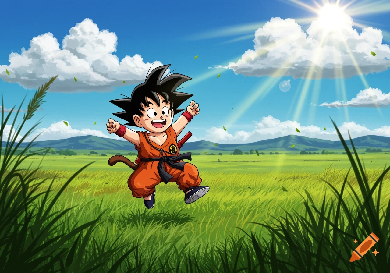Young Goku, in orange gi, jumps joyfully in a vibrant green field under a sunny blue sky, anime style.