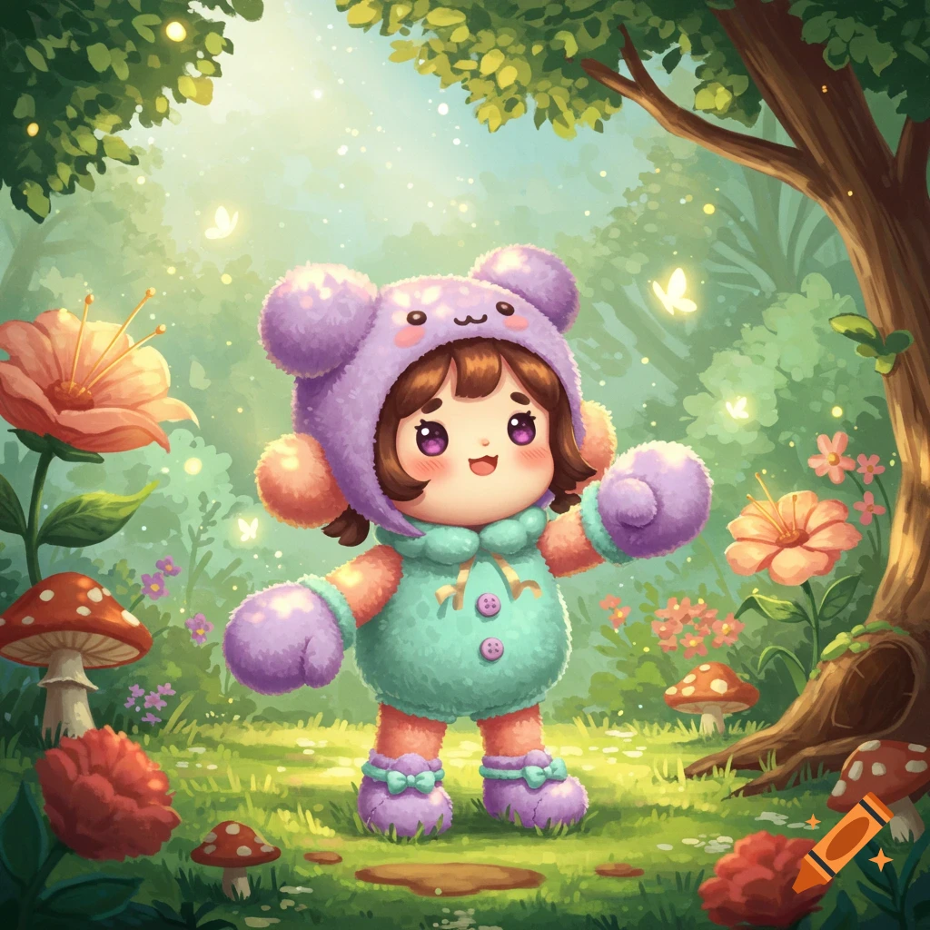 Vibrant illustration of a cute chibi character in a purple bear hat and teal outfit in a magical forest.