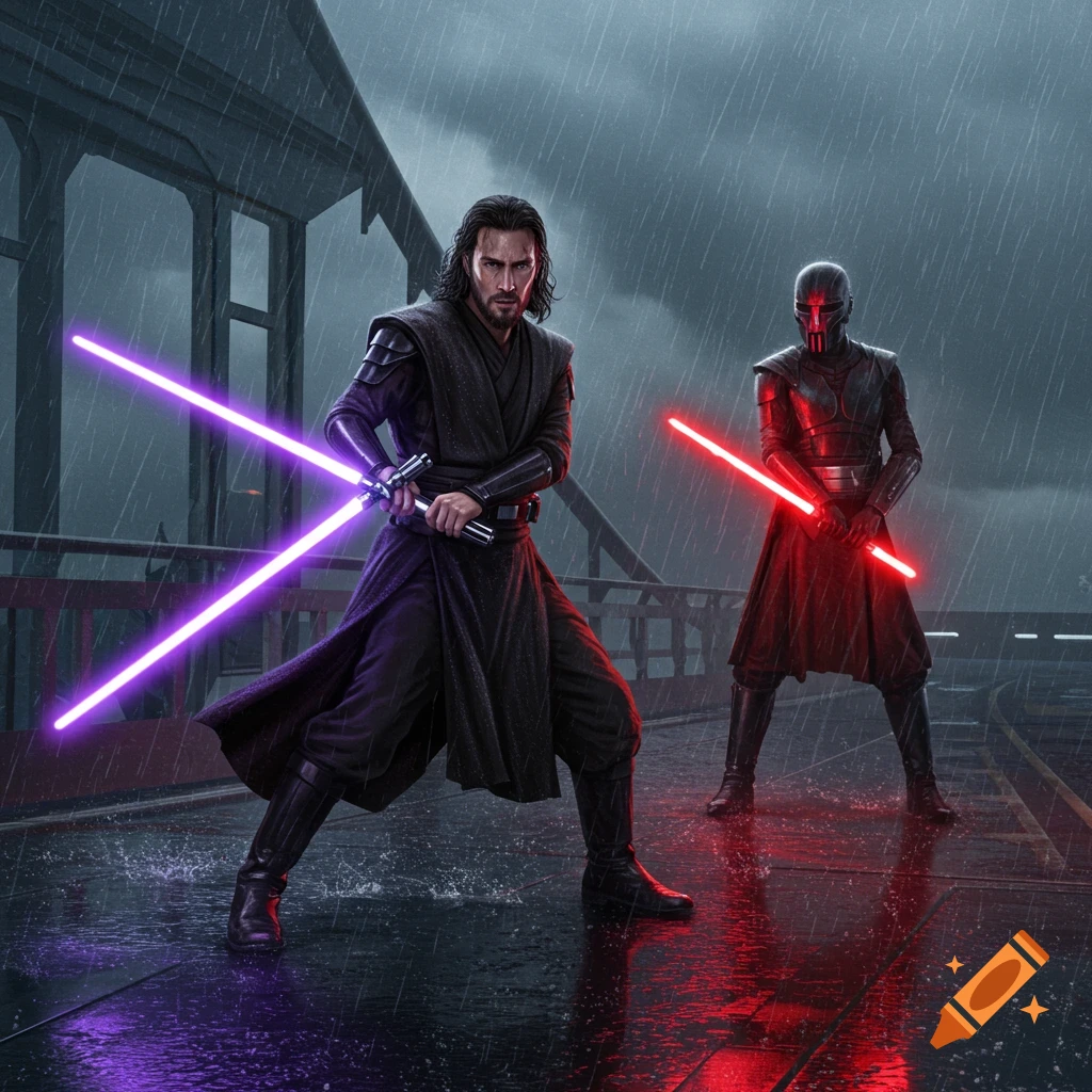 A Keanu Reeves-like Jedi with a purple double lightsaber duels a masked Sith with a red lightsaber on a rainy high-tech bridge.
