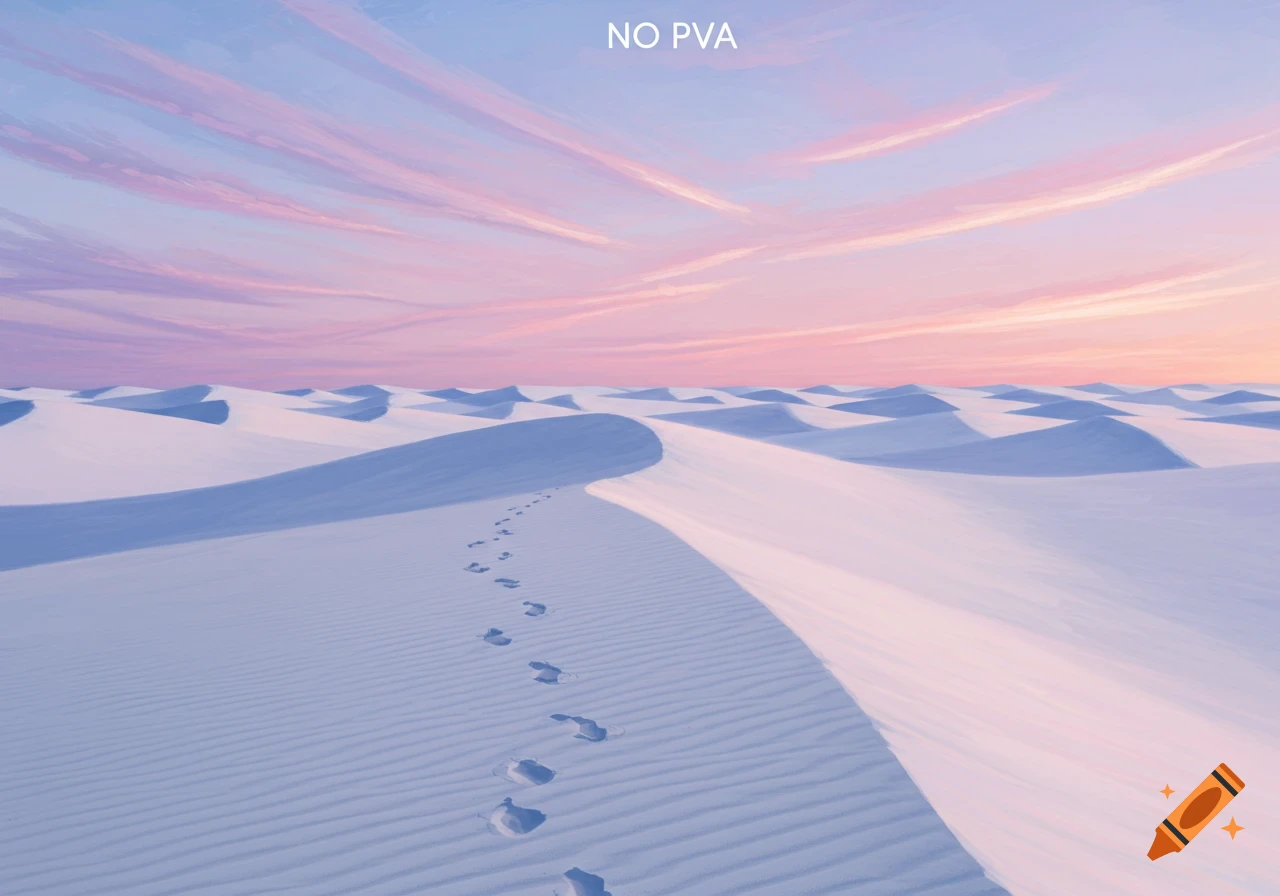 Footsteps wind up a white sand dune at sunset, under a sky streaked with pink and purple clouds.