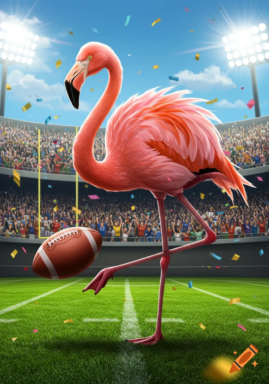 Pink flamingo holding an American football on a stadium field with cheering fans and confetti.