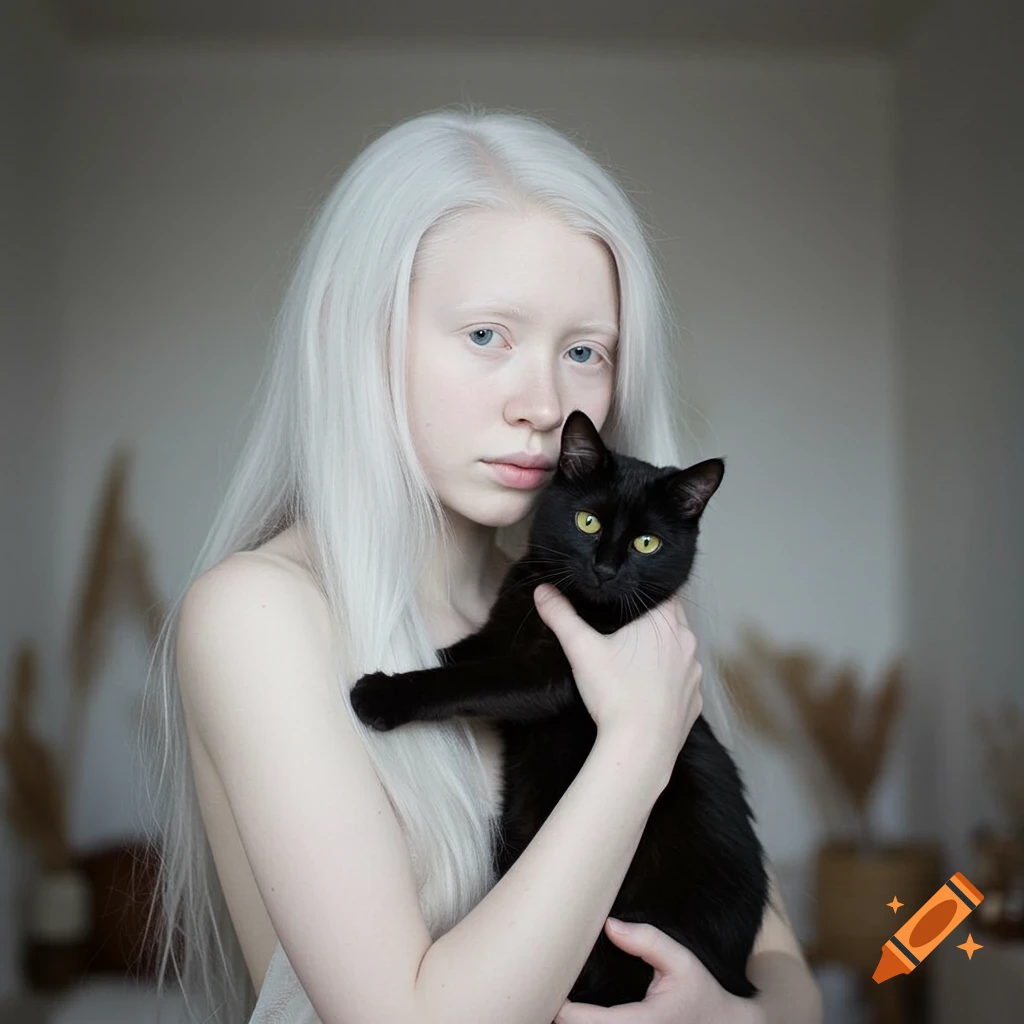 Photorealistic portrait of an albino girl with white hair holding a black cat.