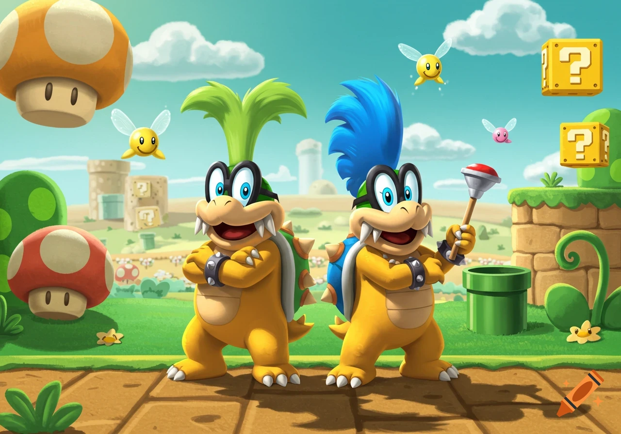 Iggy and Larry Koopa from Super Mario stand on a path in a colorful, whimsical landscape with question mark blocks and mushrooms.