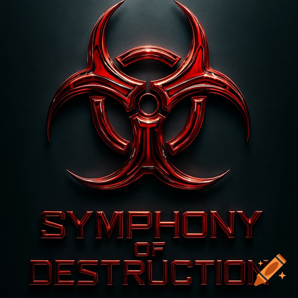A gleaming red metallic biohazard symbol above red metallic text 'SYMPHONY OF DESTRUCTION' on a dark gray background.