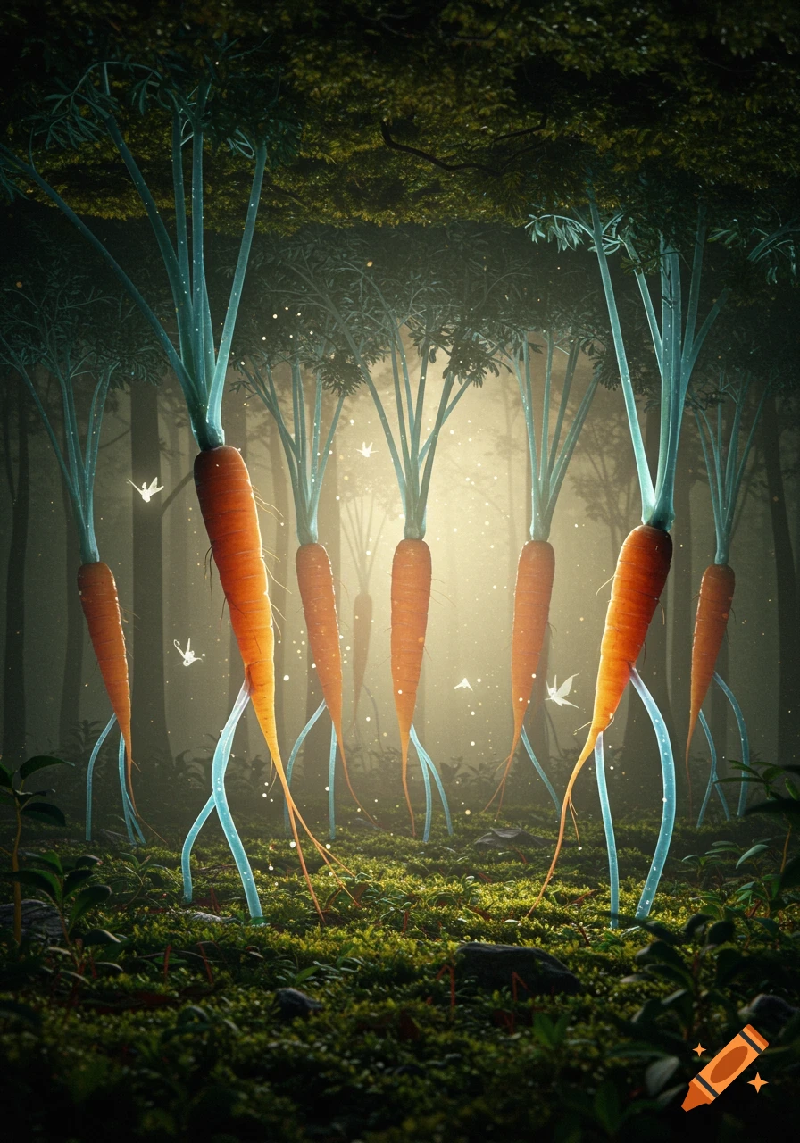 Giant carrots with glowing blue roots stand like trees in a dark, misty, mossy fantasy forest with ethereal light and flying specks.