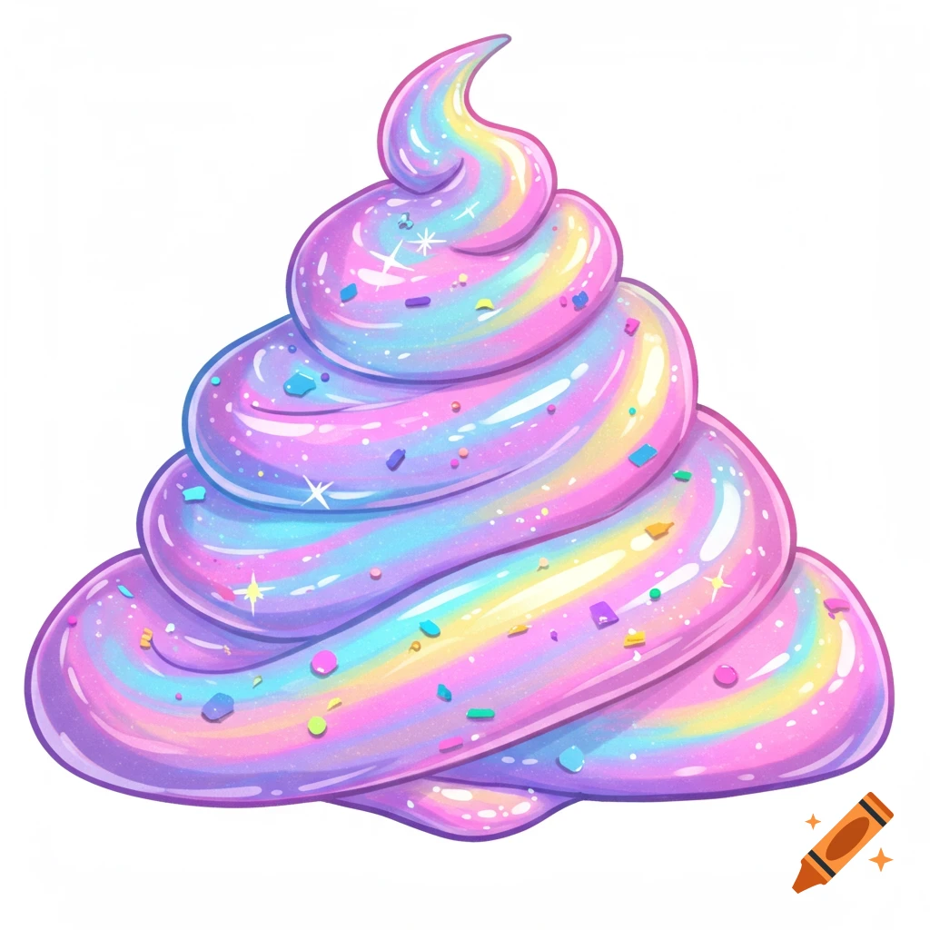 A vibrant, swirling pile of rainbow-colored unicorn poop slime with sparkling sprinkles, in a 2D digital art style.