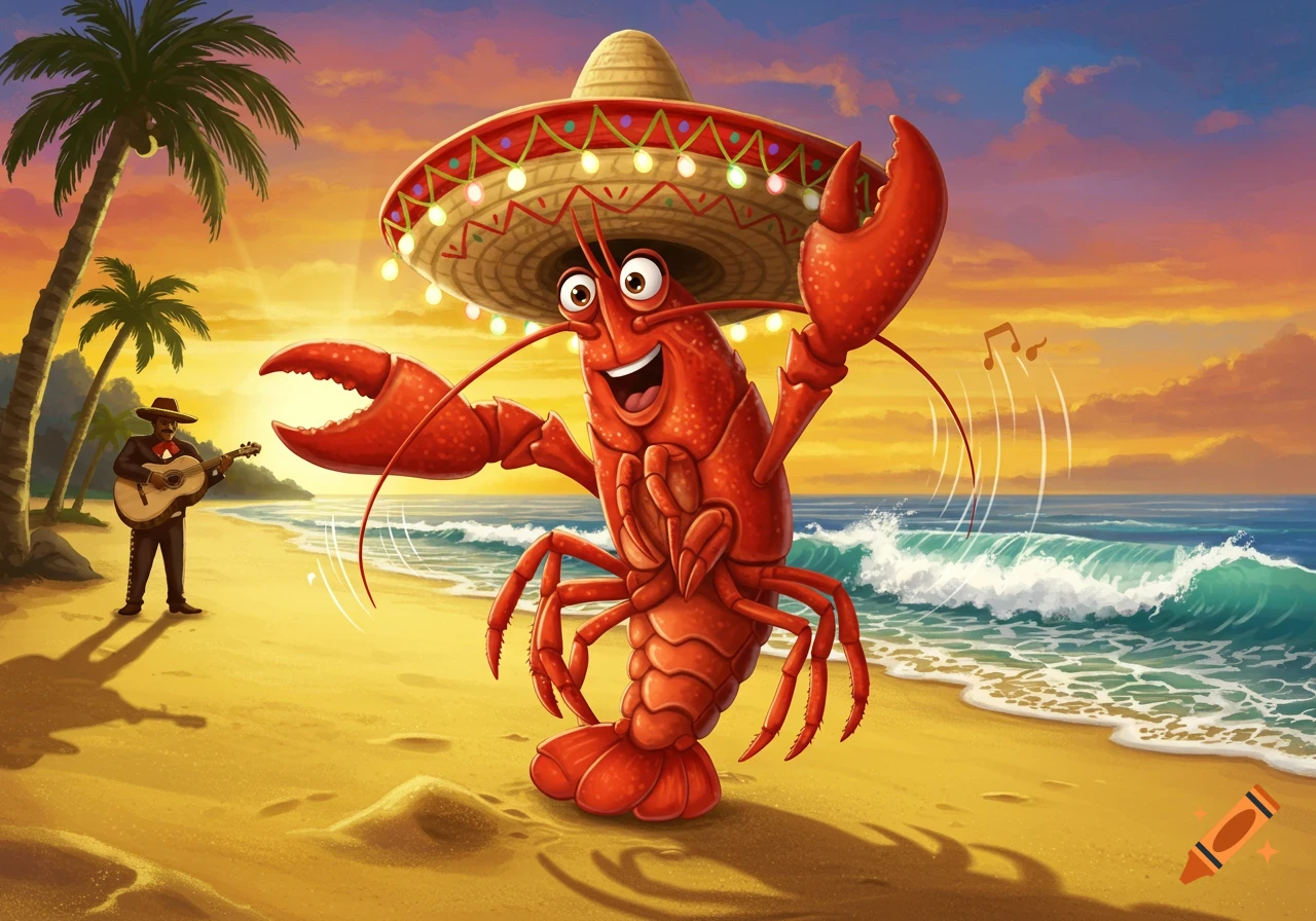 Cartoon lobster in a sombrero dancing on a beach with a mariachi player playing guitar at sunset.