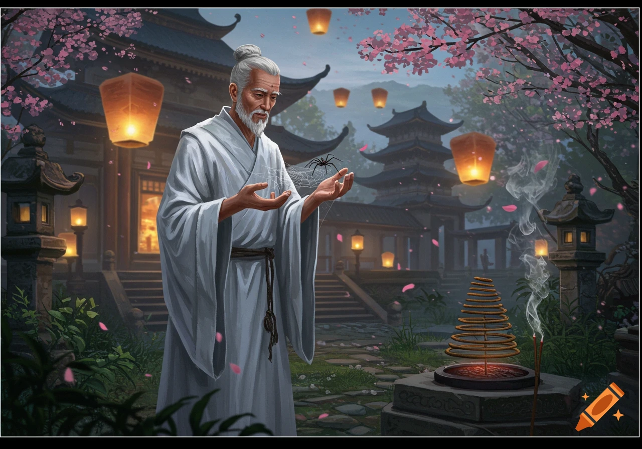 Elder in white robes holding a spider and web, surrounded by cherry blossoms, temples, and glowing lanterns.