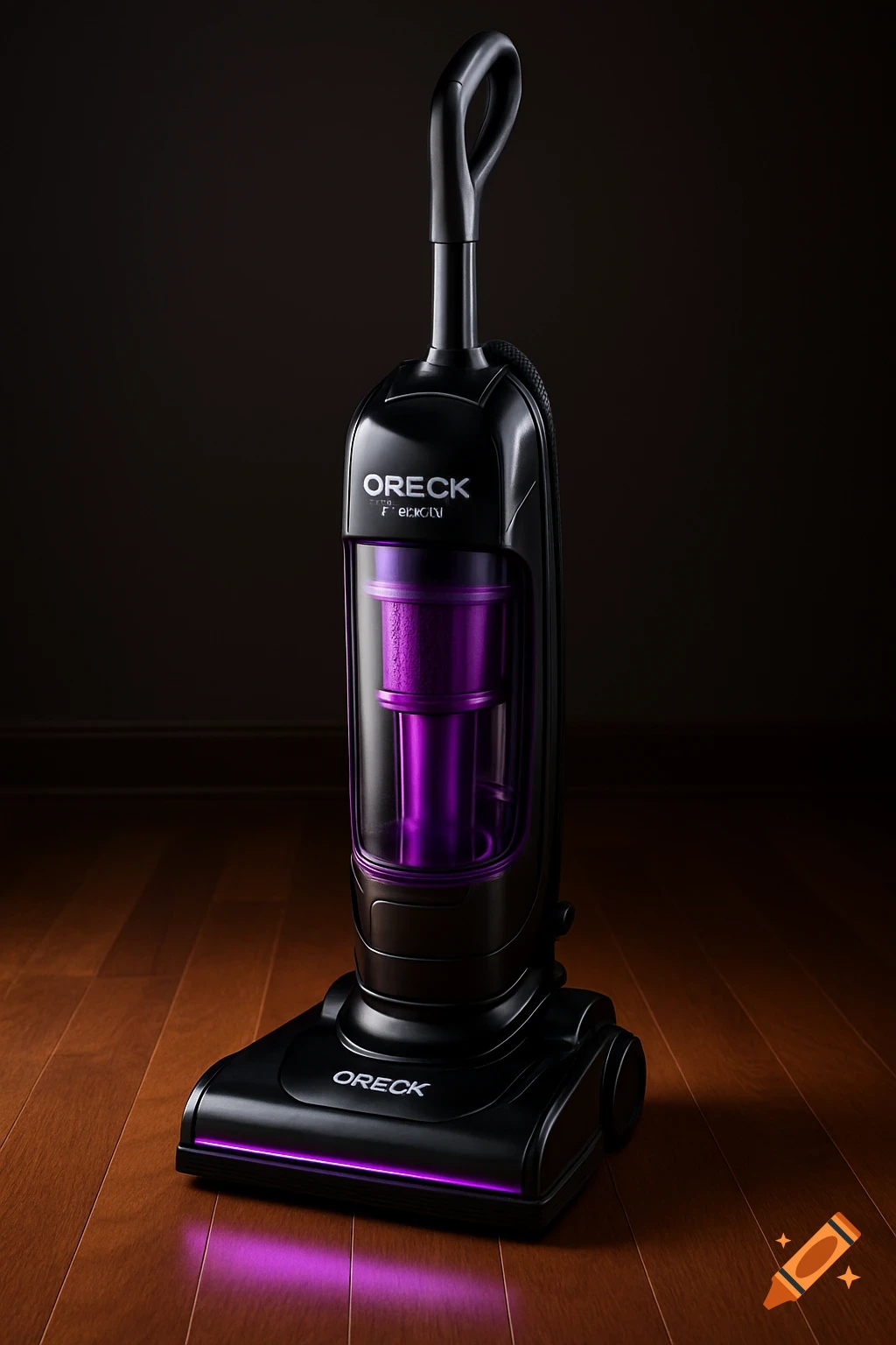 A black upright bagless vacuum cleaner with a purple transparent dustbin and purple LED light on its nozzle, standing on a wooden floor.