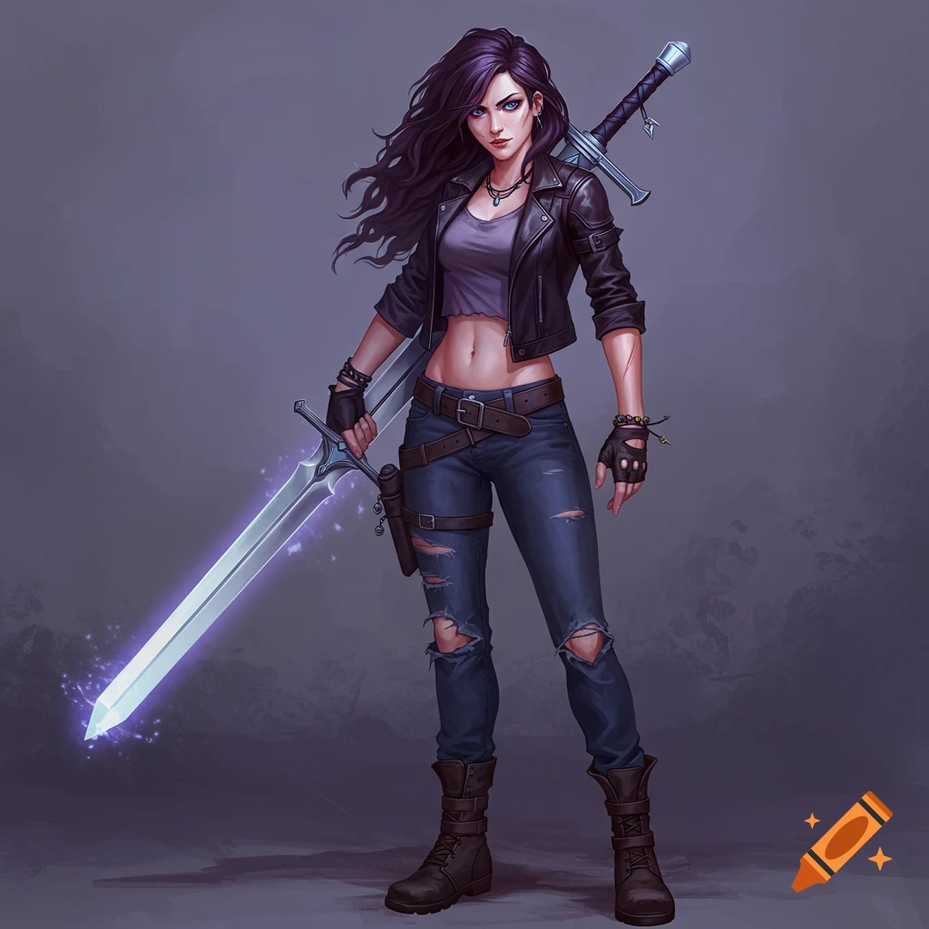 Confident female warrior with dark hair, blue eyes, wearing a leather jacket, crop top, ripped jeans, and boots, holding a glowing sword.