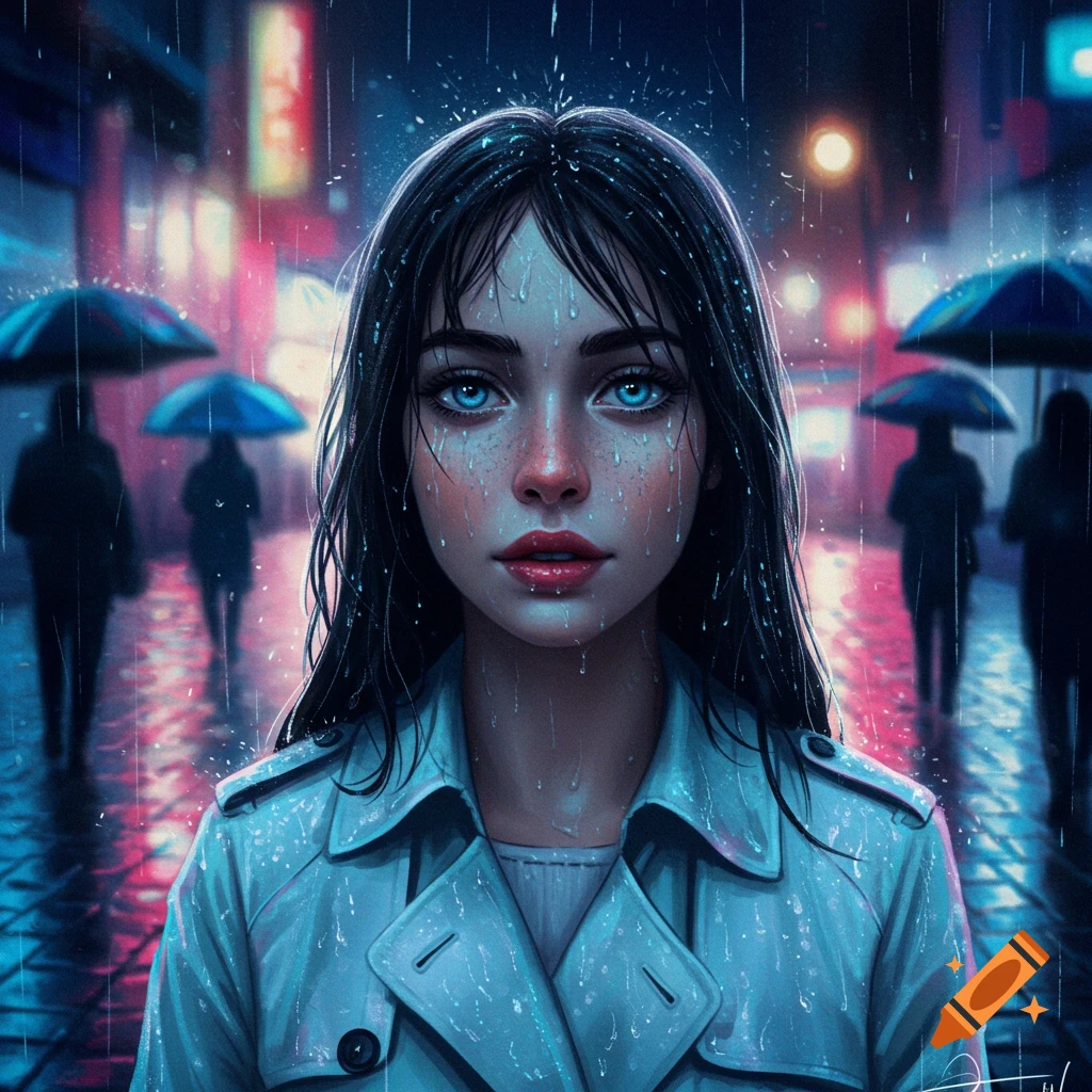 Digital art portrait of a young woman with striking blue eyes, her face wet from rain, on a neon-lit city street at night.