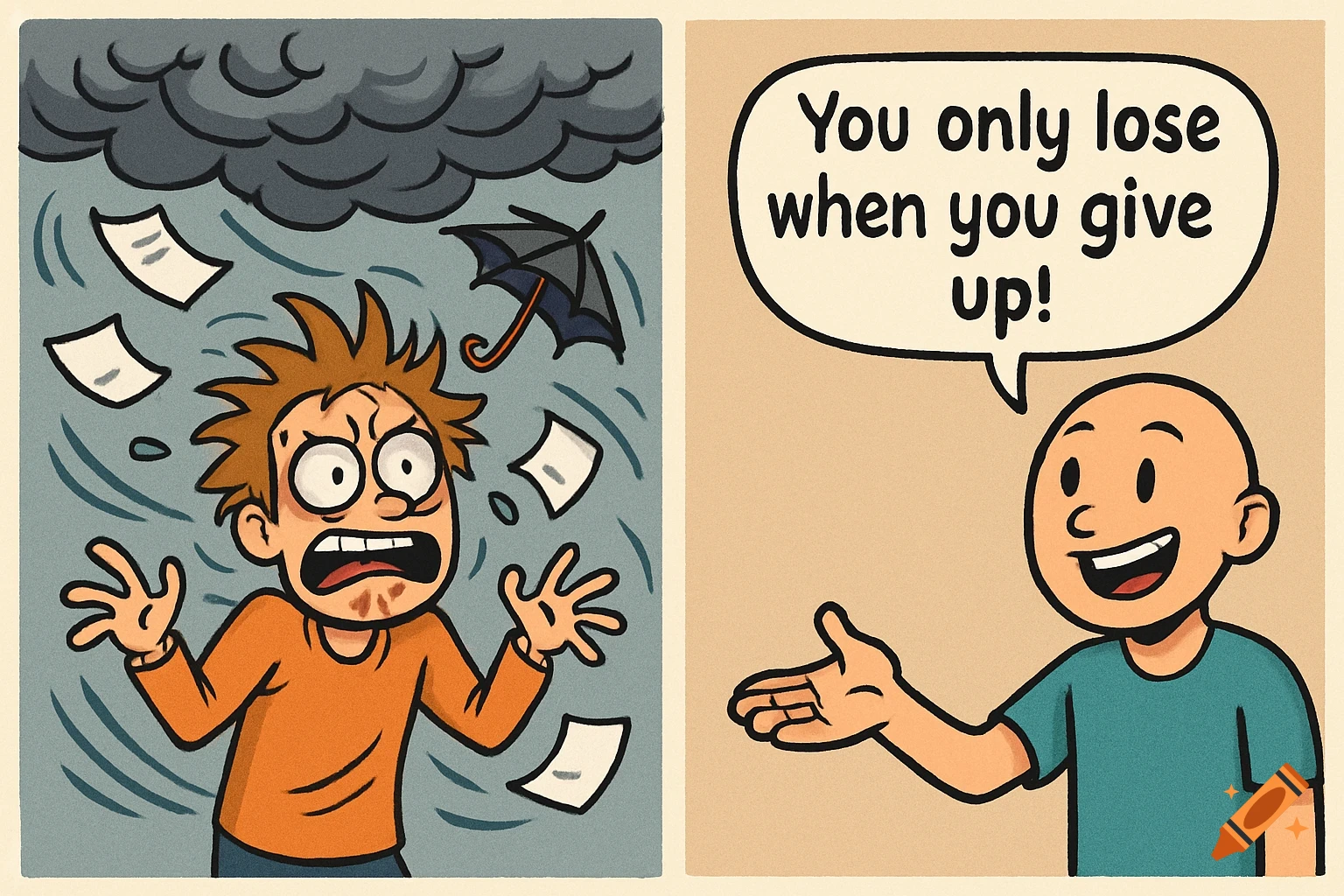 Two-panel cartoon. Left: A person in a storm, looking stressed. Right: A smiling person says, 'You only lose when you give up!'