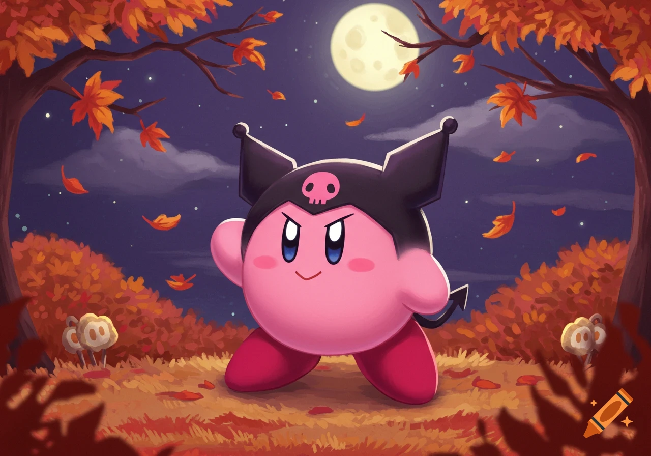 Kirby dressed as Kuromi standing in an autumn forest at night under a full moon, in a cutesy cartoon style.