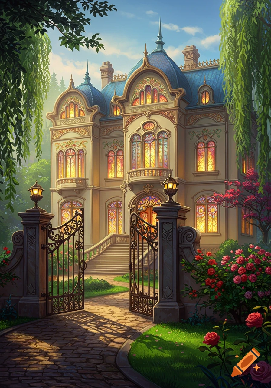 An elaborate Art Nouveau mansion with stained glass windows, an ornate iron gate, and a vibrant rose garden under a sunny sky.