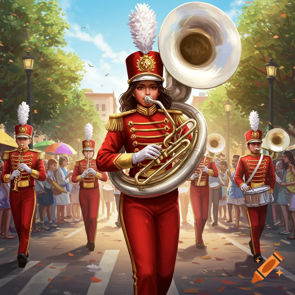 Female tuba player in a red and gold uniform marches in a vibrant parade with other band members and spectators on a sunny day.