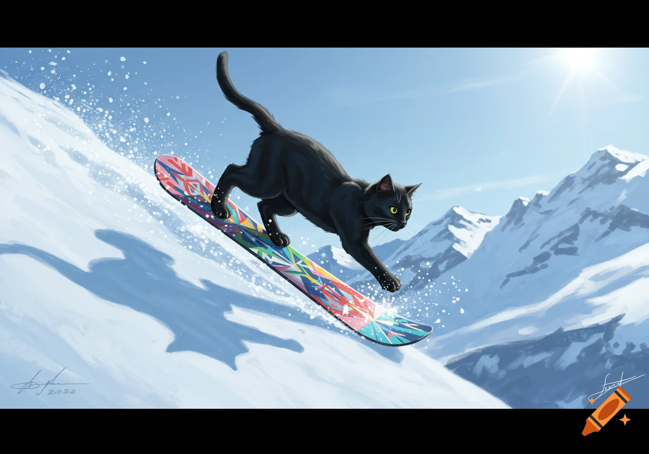 A black cat with bright yellow eyes snowboards down a snowy mountain slope under a bright blue sky.
