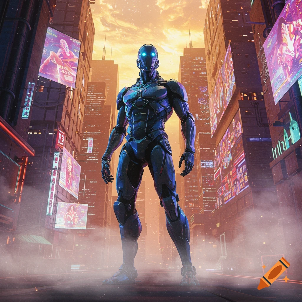 A powerful robotic figure with glowing blue eyes stands in a futuristic, neon-lit cyberpunk city at sunset.
