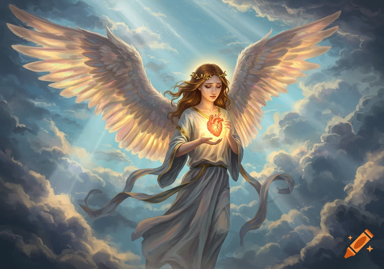 A melancholic angel with large white wings, a laurel crown, and a flowing gown, holds a glowing heart amidst clouds and sunbeams.