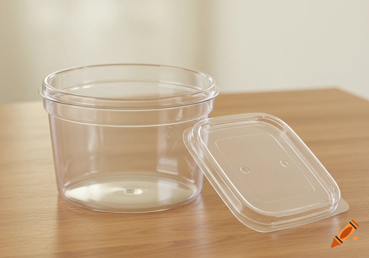 A clear plastic tub and its rectangular lid with two small holes, resting on a light wooden table against a neutral background.