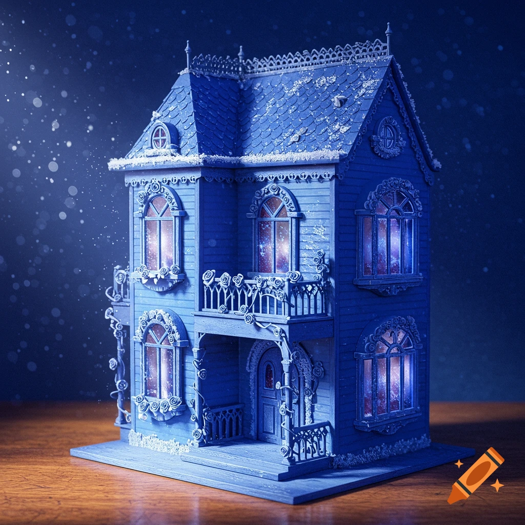 A detailed blue dollhouse covered in snow, with intricate trim and glowing windows, set against a dark, snowy night sky.