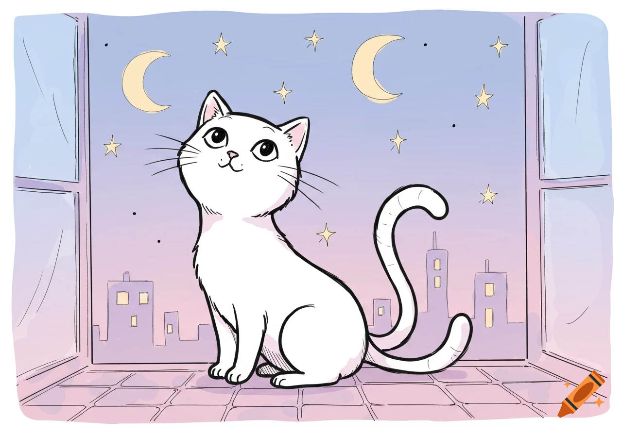 A cute white cartoon cat sits on a windowsill, looking up at a pastel night sky with moons and stars over a city silhouette.