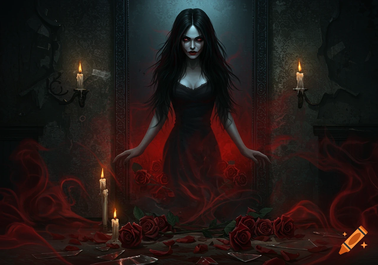 Dark fantasy illustration of a gothic woman with red eyes and black hair, emanating red mist in a dim room with candles, roses, and broken glass.