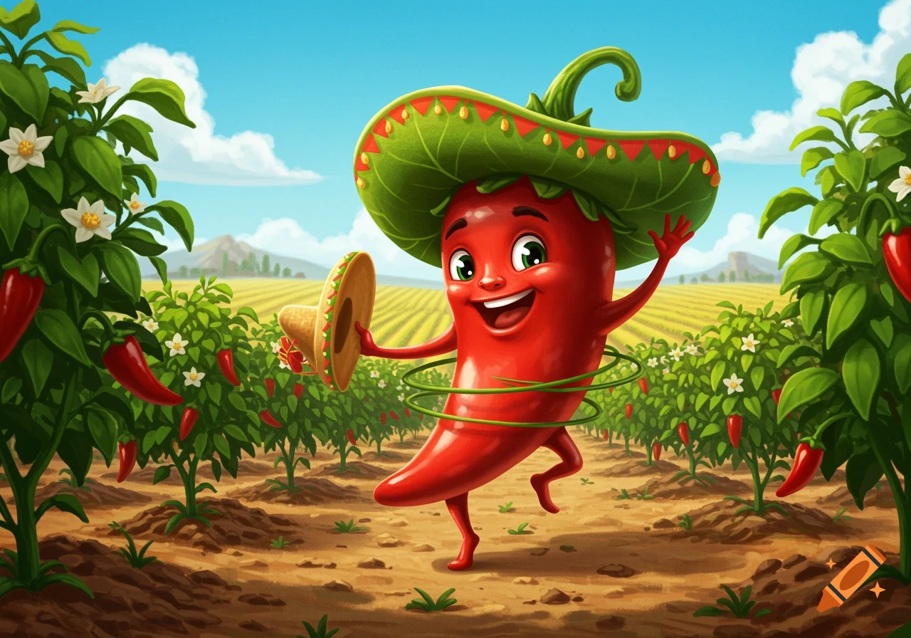 A cheerful red chili pepper cartoon character wearing a green sombrero dances in a sunny field of chili pepper plants.