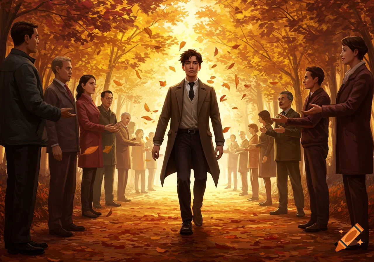A young man walks confidently down a golden autumn forest path, surrounded by people offering support on both sides.