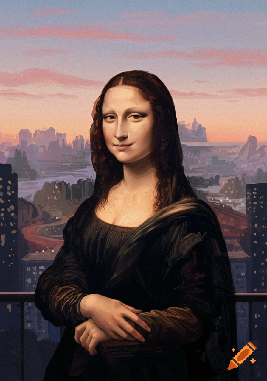 Painting of Mona Lisa on a balcony overlooking a modern city at sunset, with a pink and orange sky.