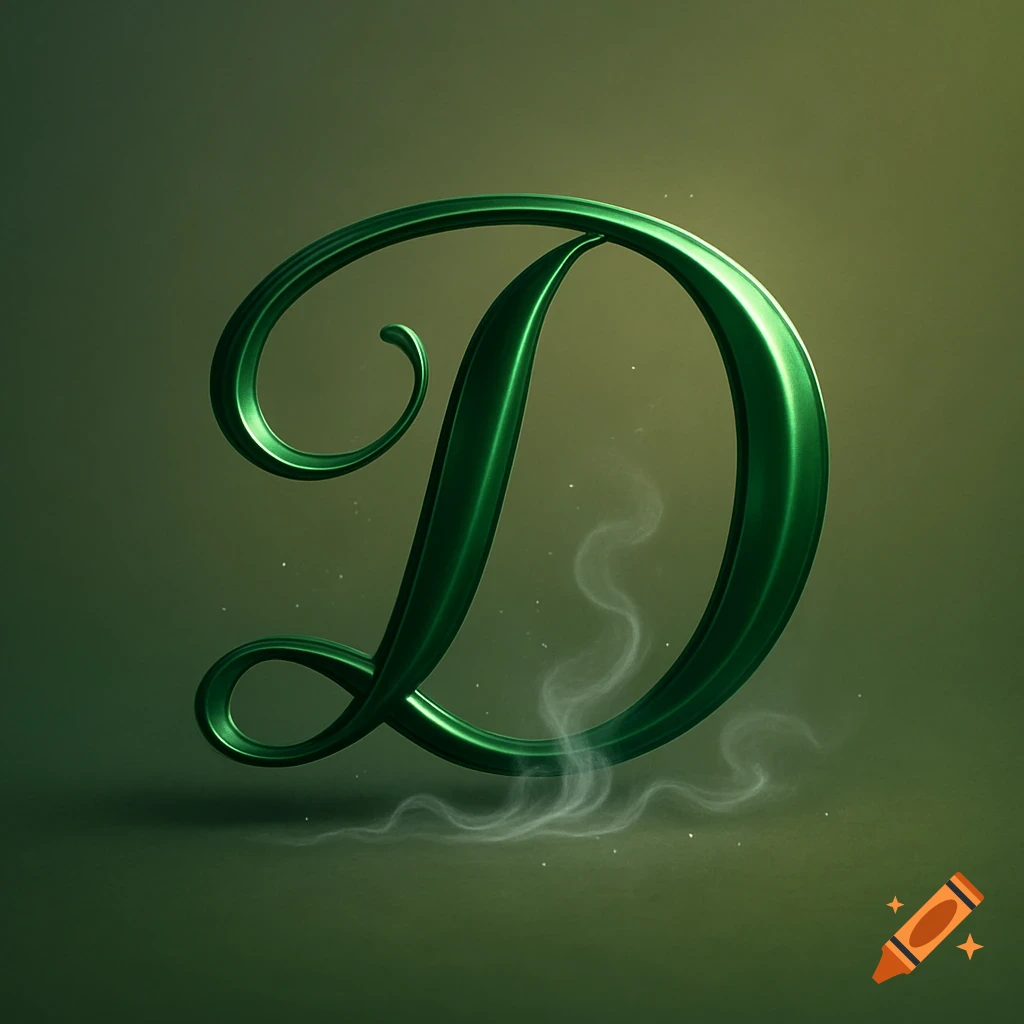 A glossy, metallic green capital letter D with subtle smoke at its base, on a dark green background.