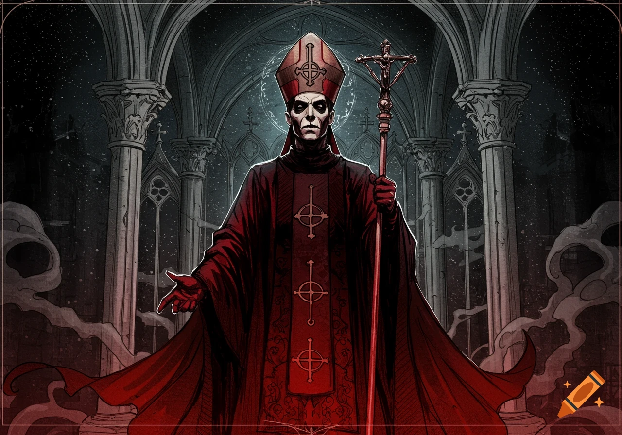 A stylized illustration of Papa Emeritus from the band Ghost, wearing a red and black papal robe and mitre, holding a staff with a crucifix, against a gothic cathedral background.