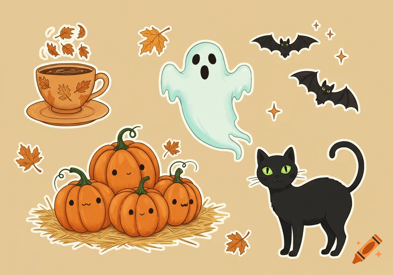 Cute Halloween and autumn sticker sheet with smiling pumpkins, a ghost, a black cat, bats, a coffee cup, and fall leaves.