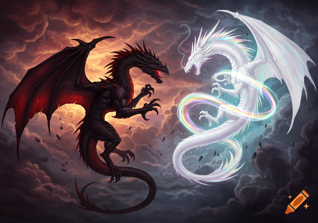 A black dragon with red spikes battles a white dragon with iridescent spikes and rainbow light against a stormy sky. Fantasy art.