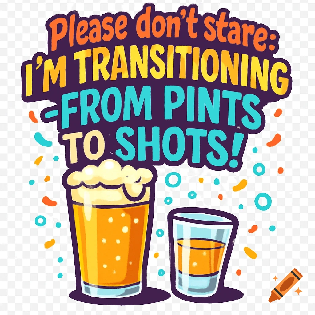 Cartoon text 'Please don't stare: I'm transitioning - from pints to shots!' with a beer glass and shot glass.
