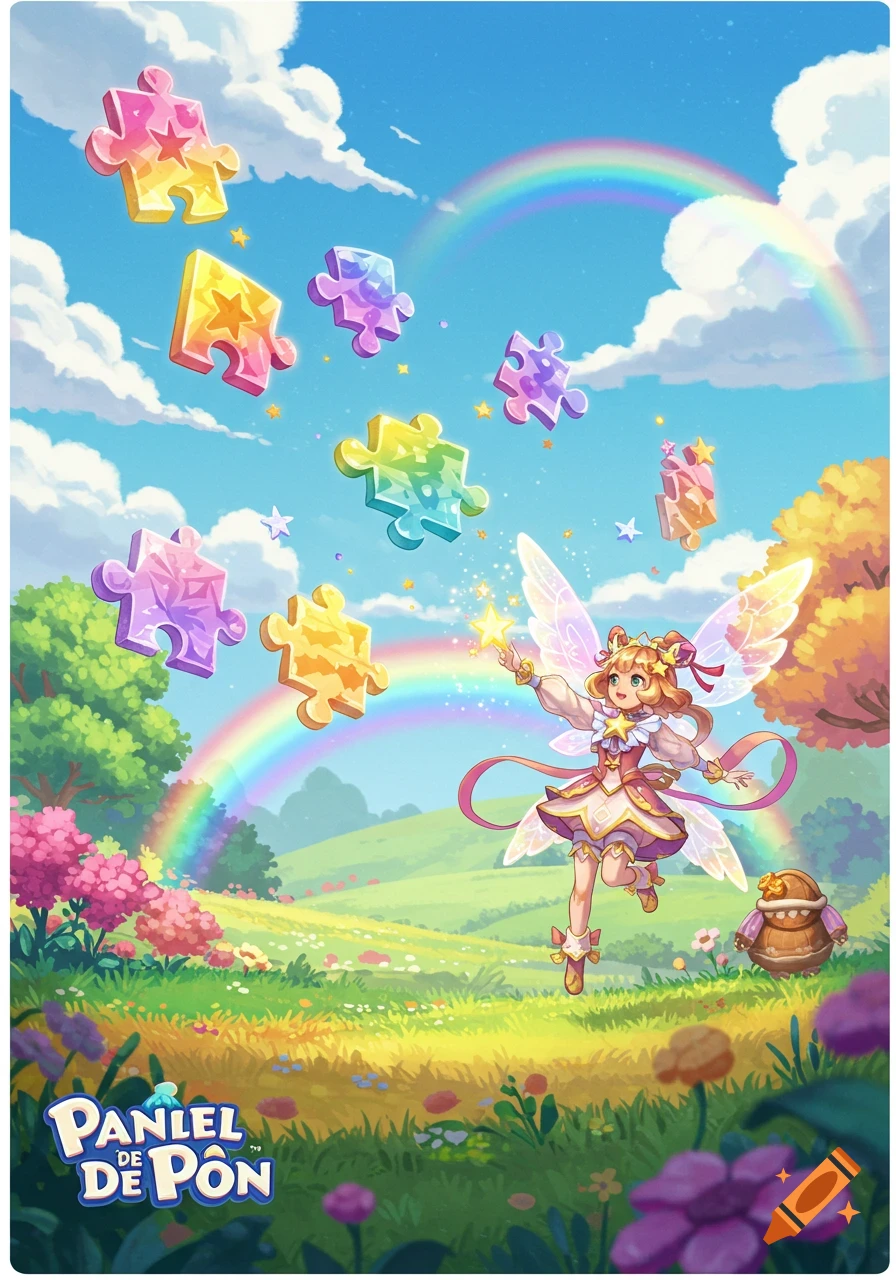 An anime fairy girl with a star wand floats above a vibrant meadow with floating puzzle pieces and a rainbow. Panel De Pon logo.