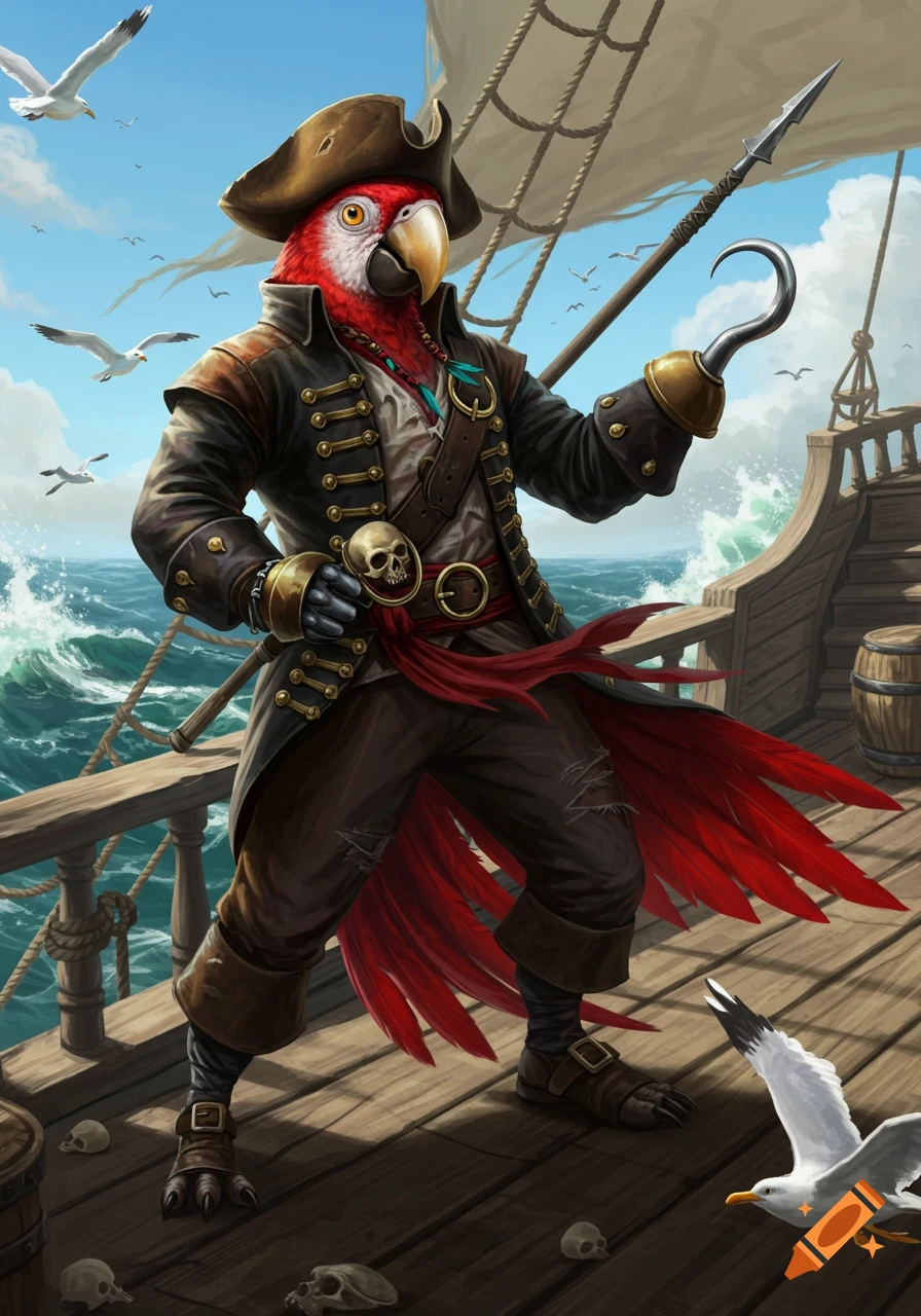A vibrant red humanoid parrot pirate with an ivory beak and hook hand stands on a ship deck, wielding an ivory spear as gulls fly overhead.
