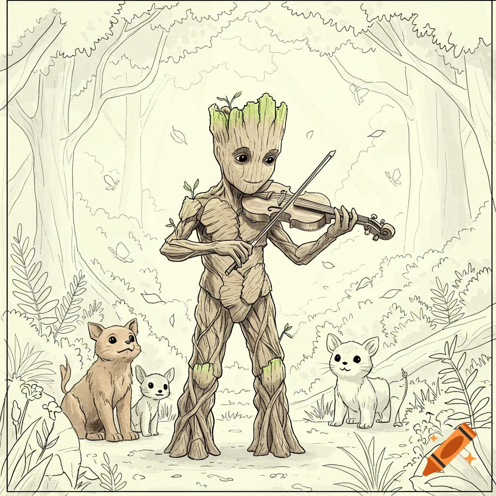 A coloring book style illustration shows Groot playing a violin in a forest, with two curious kittens watching.