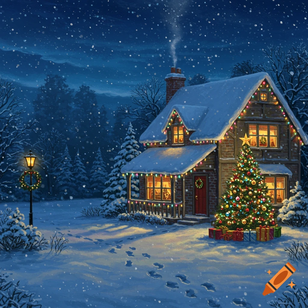 A warm, snow-covered house decorated with Christmas lights and a brightly lit Christmas tree on a clear, starry winter night.