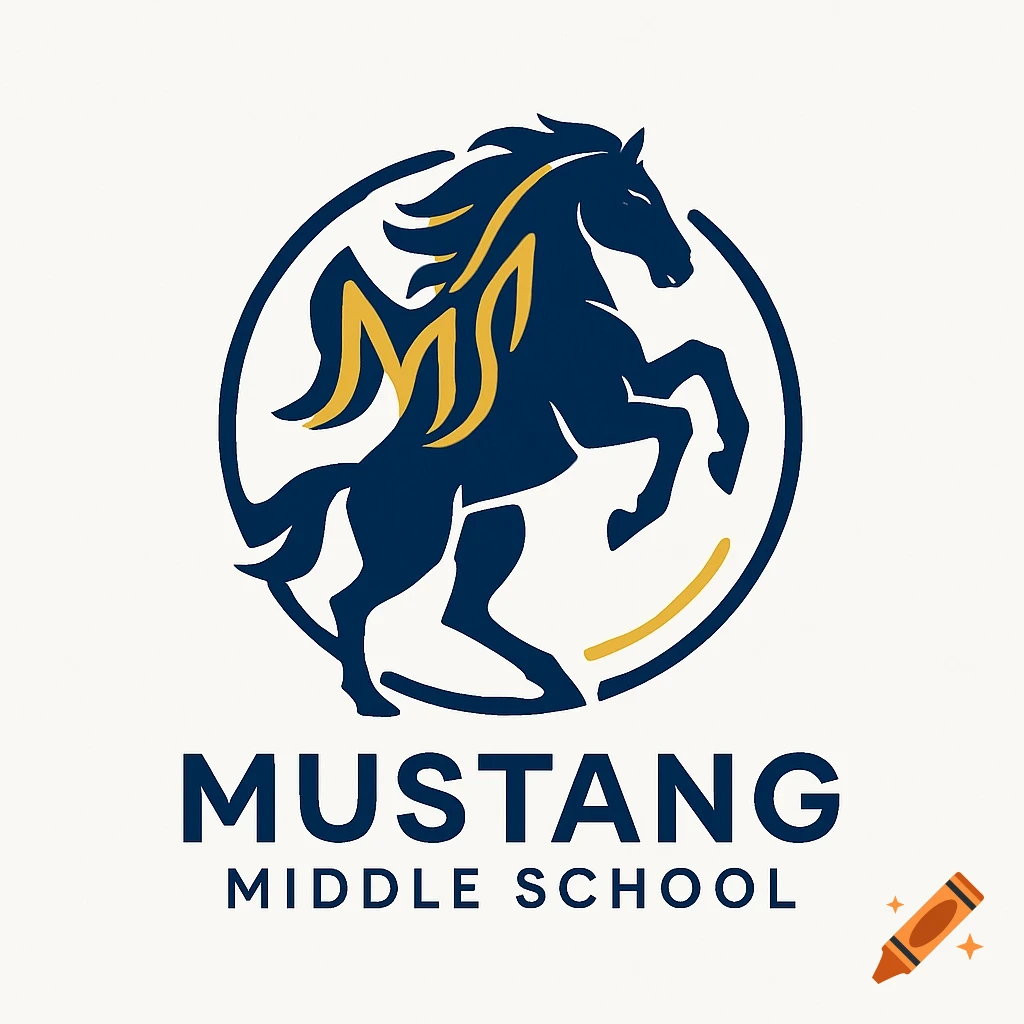 Blue and gold mustang horse logo in a circle, with 'MUSTANG MIDDLE SCHOOL' text below it.