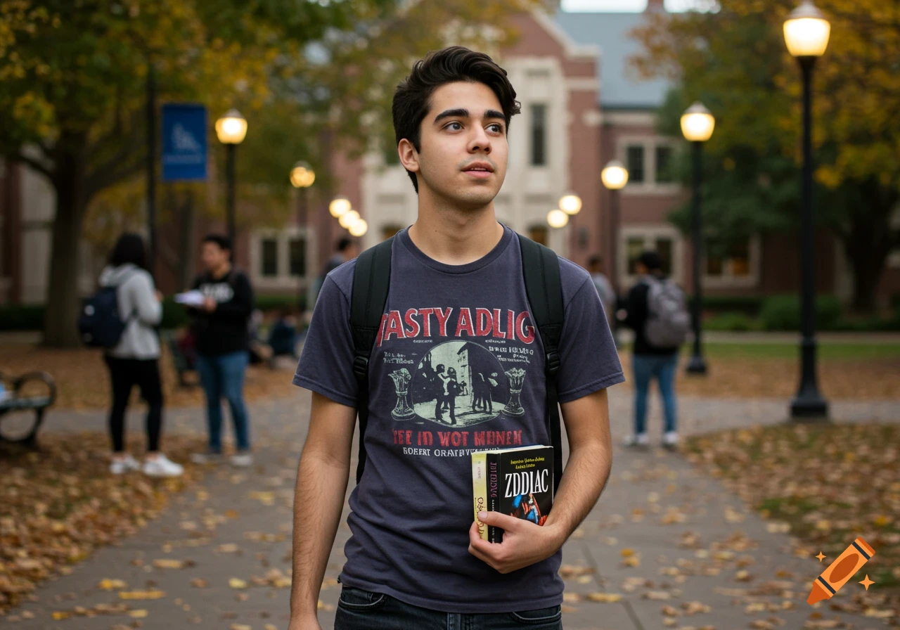 A young man with dark hair and a backpack stands on a college campus pathway in autumn, holding books. He wears a t-shirt.