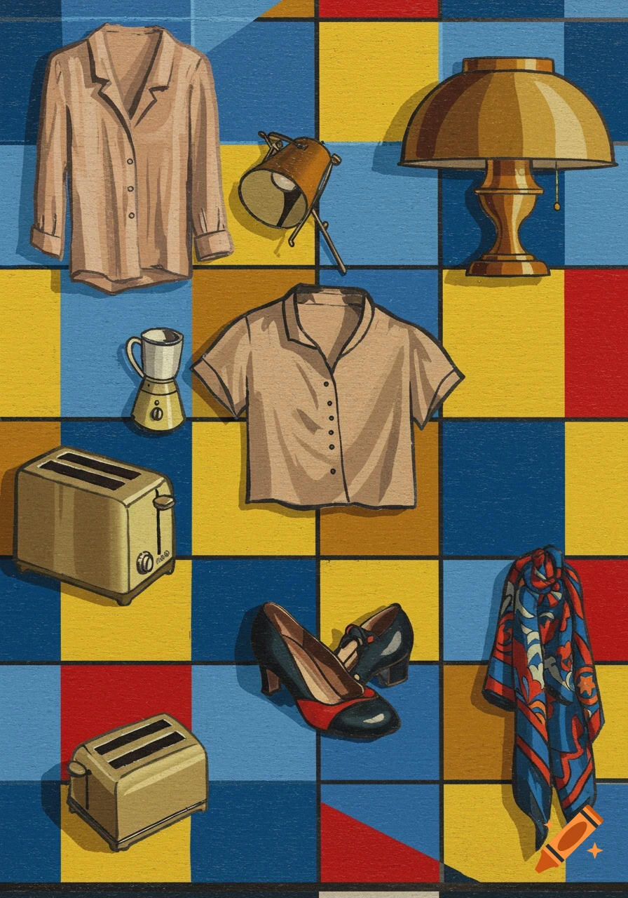Stylized painting of household items and clothing, including toasters, shirts, and shoes, arranged on a colorful blue, yellow, and red grid.