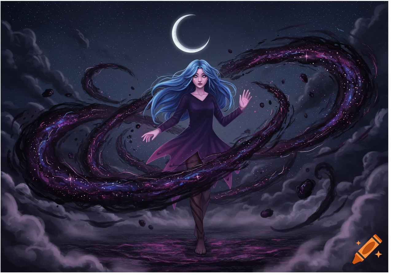 A blue-haired woman in a purple dress controls swirling dark matter under a crescent moon in a starry night sky, digital art.