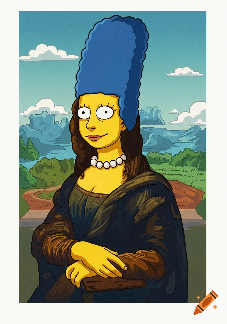 Marge Simpson cartoon depicted as the Mona Lisa, wearing a dark dress and pearls against a stylized landscape background.